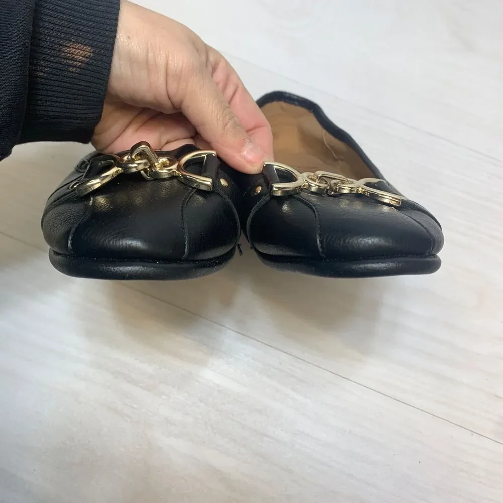 Womens Size 7.5 Aerosoles Big Bet Ballet Flats Black Gold Horsebit Slip On Shoes